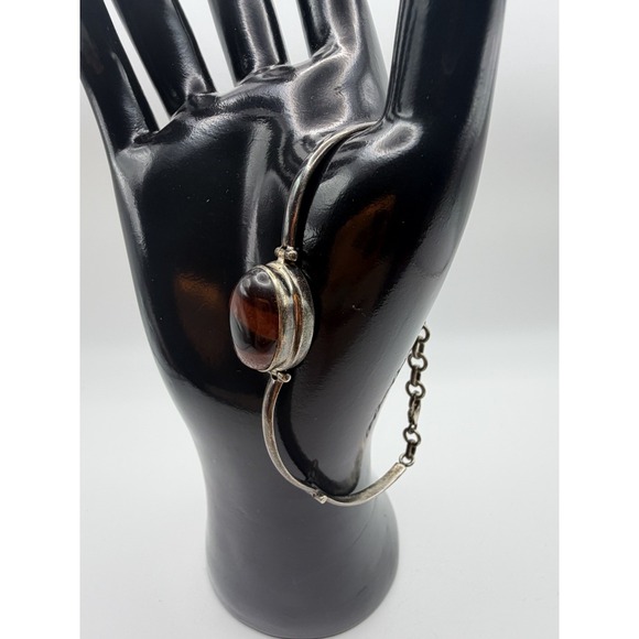 Link Jewelry - Vintage Sterling Silver Tiger's Eye Oval Cabochon Hinged Bangle Chain Bracelet